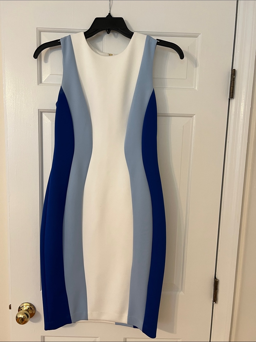 Calvin Klein White, Light Blue & Royal Blue Panel Sheath Dress